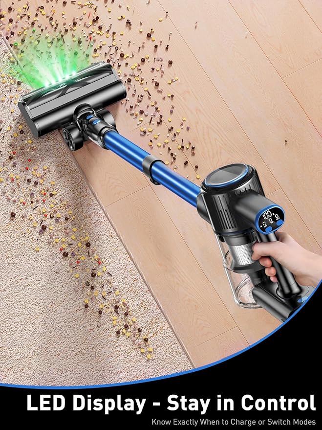 Cordless Vacuum Cleaner, 45000Pa/450W/50Mins Vacuum Cleaners for Home, 8-in-1 Stick Vacuum with LED Screen, Anti-Tangle, Lightweight Rechargeable Vacuum for Carpet Pet Hair Hardwood Floor Blue