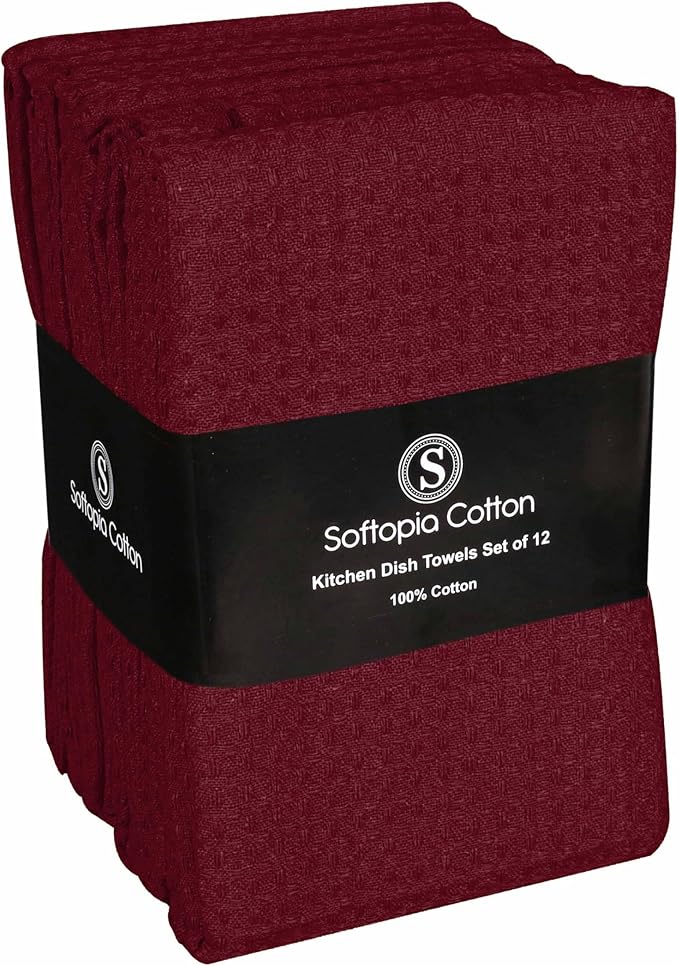 Burgundy Waffle Kitchen Dish Towels, 100% Cotton, Quick Dry, Super Absorbent, Soft, 16x26 Inches – Ideal for Dish Drying, Bar, Hand Wipe, Cleaning, and Everyday Use, 12 Pack, Maroon