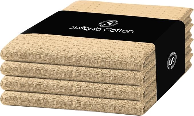 Beige Kitchen Dish Towels Set of 4-100% Cotton Waffle Weave, Super Absorbent, Soft, Quick Drying, 16x26 Inches, Ideal for Cleaning, Bar, Tea, and Everyday Use, Tan