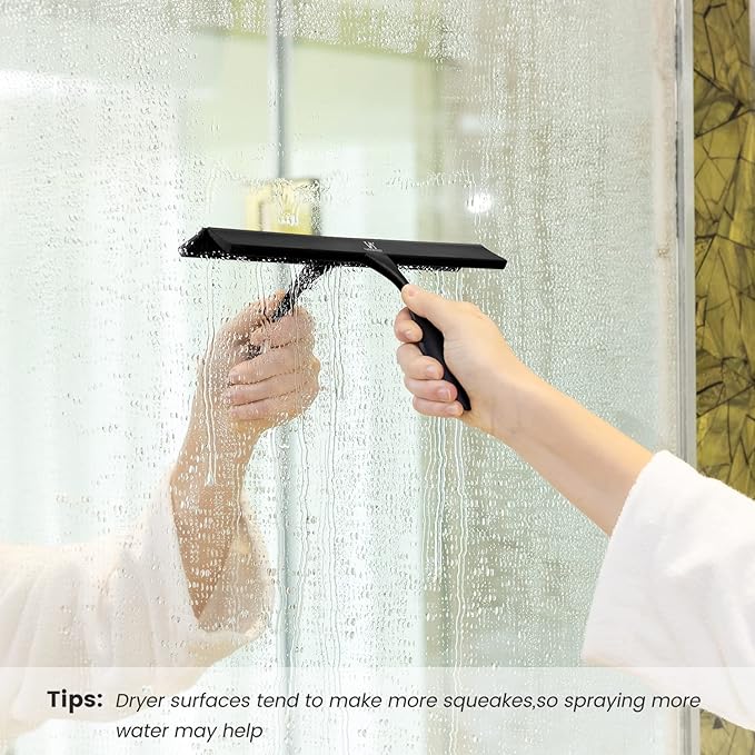 Shower Squeegee for Glass Doors, 11-Inch Silicone Squeegee with Non-Slip Handle and Adhesive Hook for Bathroom, Mirror, Tile, Car Window (Black)