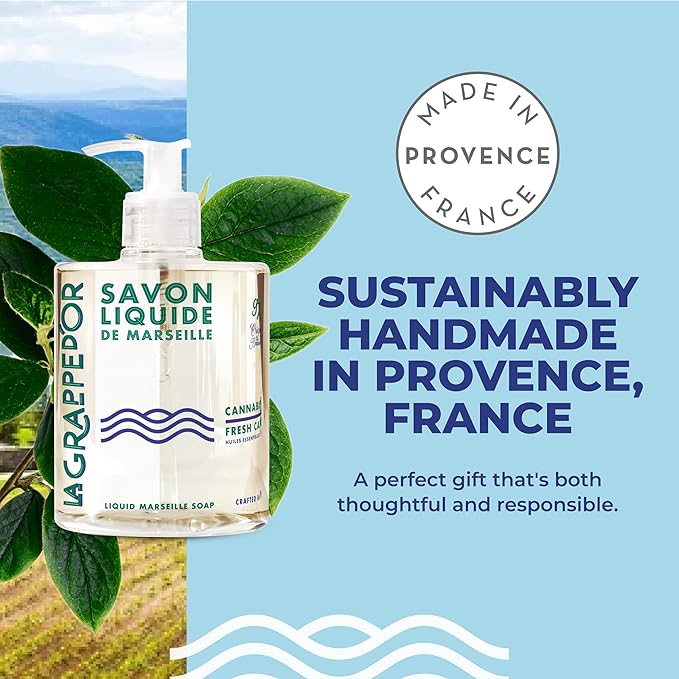 La Grappe d'Or Fresh Cannabis Scent Marseille Hand Soap with Essential Oils | Handmade in France from Moisturizing Organic Olive & Coconut Oil | Natural, Cruelty-Free & Vegan, 16.90 oz Liquid
