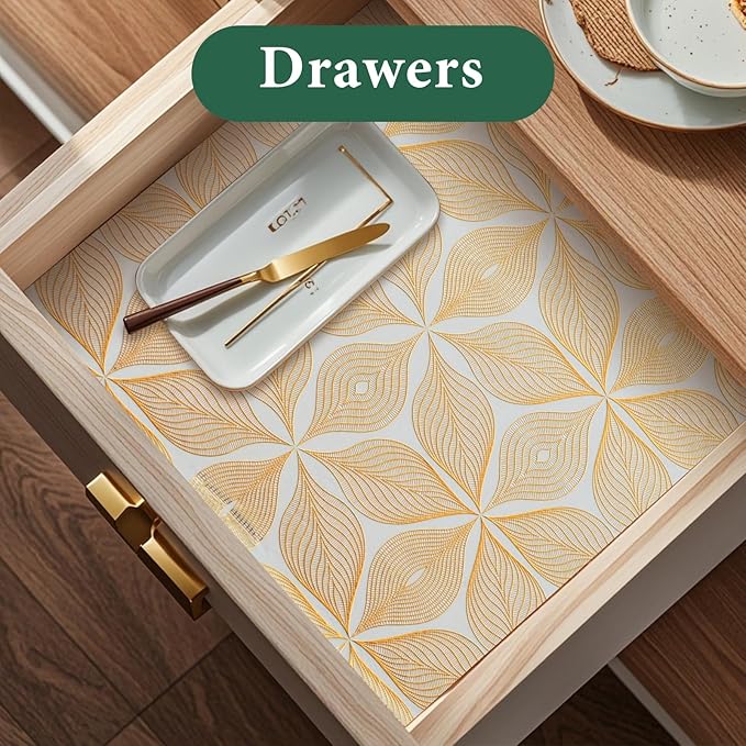 3D Drawer and Shelf Liner for Kitchen Cabinet: 17 in X 30 Ft Waterproof Shelf Paper Non Adhesive Refrigerator Liners Golden Leaf Easy Liners for Bathroom with Knife Tape Measure
