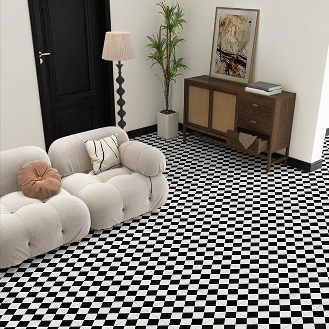 Elffloor Peel and Stick Floor Tile: 10pc 11.8 * 11.8in Self-Adhesive Waterproof Vinyl Flooring Black and White Tiles Sticker for Bathroom, Kitchen, Bedroom, Living Room ﻿