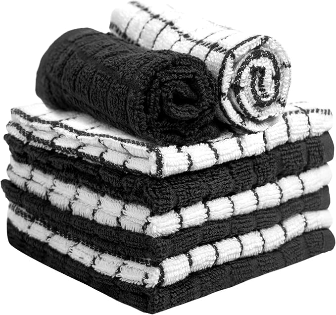Bumble Premium Cotton Dish Cloths 12" x 12"| Black Design | 405 GSM | Highly Absorbent & Soft Dish Towels | 100% Natural Ring Spun Cotton Kitchen Towel Set - 6 Pack