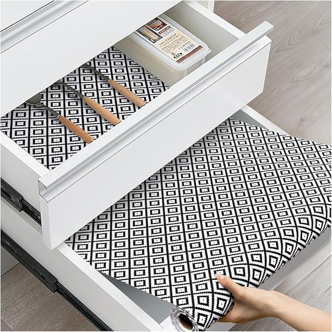 Drawer and Shelf Liner, Non-Slip Kitchen Cabinet Liners Non-Adhesive Thick Strong Grip Waterproof Washable Mats Protect Dresser Shelves Cupboard Bathroom Cabinets, Black & White, 24 in X 20 FT