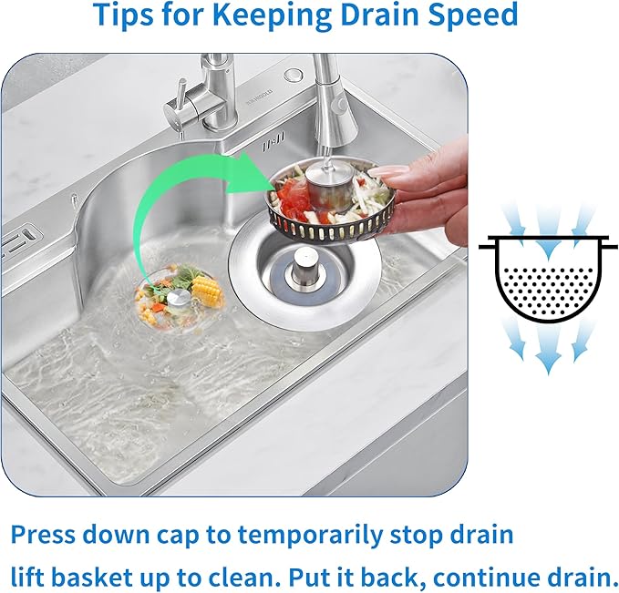 Sink Drain Strainer - Sink Stopper for Kitchen Drain,3 in 1 Kitchen Sink Drain Strainer with Anti Clogging Basket, Easy to Install Kitchen Sink Stopper for US Standard 3-1/2” Drain Hole