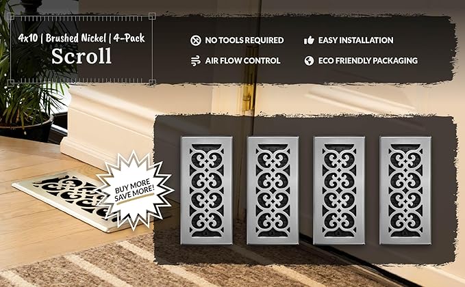 Decor Grates (4-Pack) SPH410-NKL Scroll Design Floor Register, 4x10 Inches, Brushed Nickel Finish