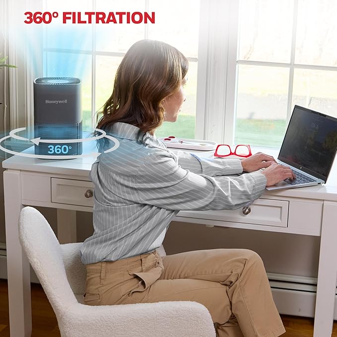 Honeywell AllergenPlus HEPA Air Purifier for Home, 530 Ft² Rooms in 1 hour, 3-in-1 Filter, Compact Design, Auto Mode, Reduces Allergens, Dust, Pollen, Smoke, Pet Dander, Odors, Grey, HPA125V