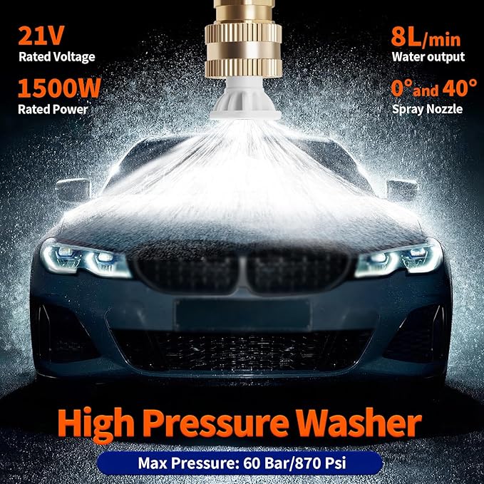 Battery Pressure Washer,1500w Cordless Portable Pressure Washer, 60Bar/870 PSI Portable car Washer with 2 Battery, 2 Nozzles, 5m Hose Cordless Jet Washers, for Cars, Floors, Gardens
