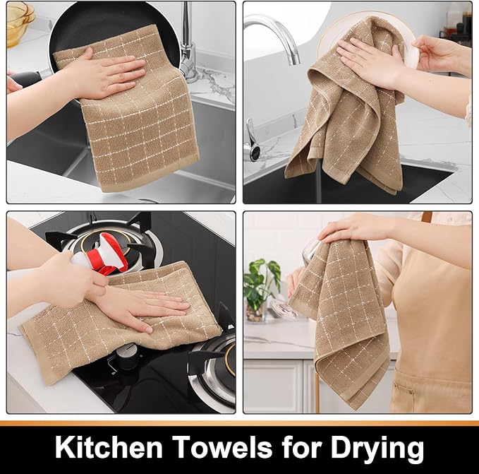 Mordimy 100% Cotton Terry Cloth Kitchen Towels, Super Soft and Absorbent Dish Towels for Drying, Checkered Designed Hand Towels for Kitchen, 16 x 26 Inches, 8 Pack, Tan