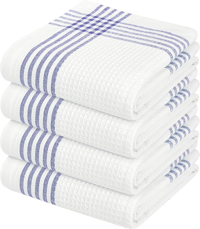 Waffle White & Indigo Blue Kitchen Towels 4 Pack, 100% Cotton, 16x26 inches, Premium Dish Towel, Long Lasting Bar Mop Cloths, Perfect for Drying Dishes, Cooking and Cleanup