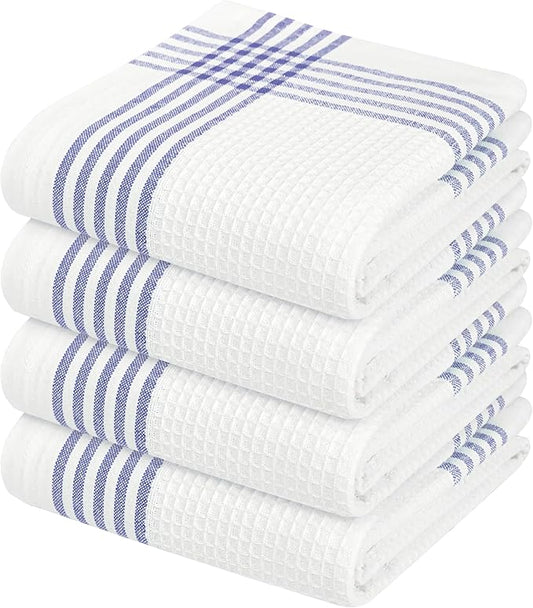 Waffle White & Indigo Blue Kitchen Towels 4 Pack, 100% Cotton, 16x26 inches, Premium Dish Towel, Long Lasting Bar Mop Cloths, Perfect for Drying Dishes, Cooking and Cleanup