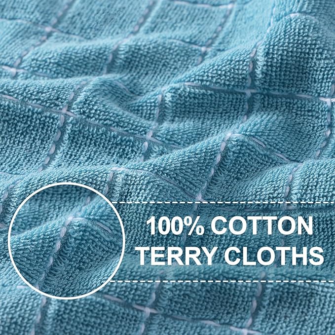Homaxy 100% Cotton Terry Kitchen Towels(Lake Blue, 13 x 28 inches), Checkered Designed, Soft and Super Absorbent Dish Towels, 8 Pack