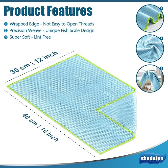 Microfiber Cleaning Cloth Lint Free Glass Cleaner Window Polishing Streak Free Miracle Easy Clean Rag Reusable for Mirror Kitchen Dish Auto Detailing,Pack of 8, 12'' x 16'', Blue and Grey