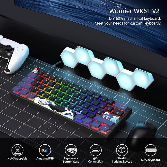 Womier 60% Percent Keyboard Gaming, WK61 V2 Creamy Mechanical Wired Keyboard Anime, Hot-Swappable RGB Key Board with PBT Keycaps for Windows PC Gamers - POM Linear Red Switch(Black Kanagawa)