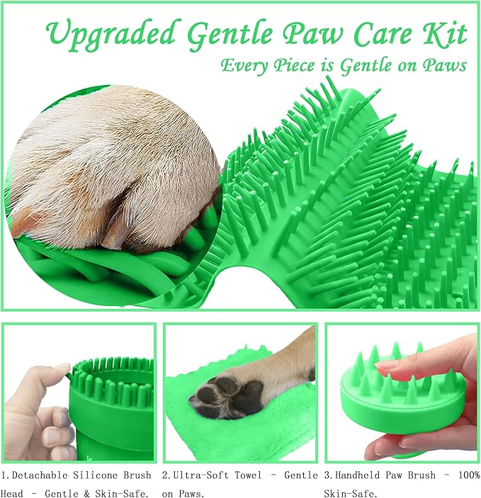 Dog Paw Cleaner Kit - Green, for L/XL Dogs, Quick Clean No Full Bath, 5-in-1 Bath Grooming Kit, Exclusive Cup-Mounted Brush Head, Grip Silicone Brush, 3 Absorbent Towels, Fits Lab