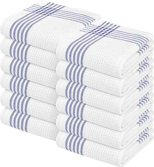 Waffle White & Indigo Blue Kitchen Towels 12 Pack, 100% Cotton, 16x26 inches, Premium Dish Towel, Long Lasting Bar Mop Cloths, Perfect for Drying Dishes, Cooking and Cleanup