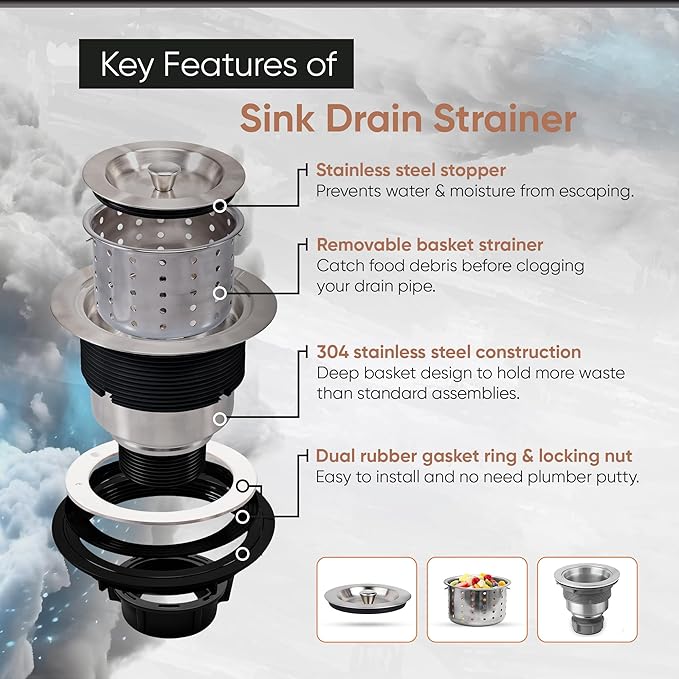 Strictly Sinks Sink Drain Strainer with Removable Basket - 3-1/2 Inch Stainless Steel Round Kitchen Sink Drain Assembly Kit with Deep Strainer Basket & Stopper (Silver)