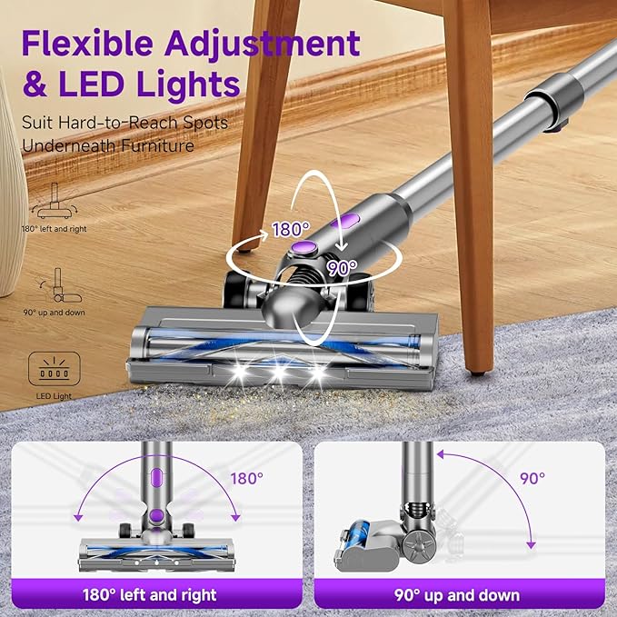 Cordless Vacuum Cleaner, 38Kpa Vacuum Cleaners for Home, 60Mins Lightweight Stick Vacuum with LED Display, Anti-Tangle & Wall Mount , 8 in 1 Lightweight Vacuum for Hard Floors Carpet Pet Hair,Purple