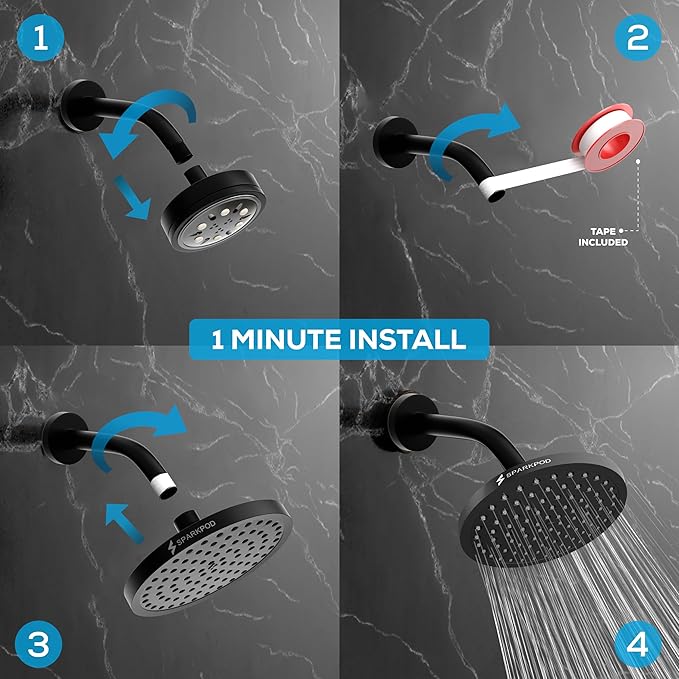 SparkPod Shower Head - High Pressure Rain - Premium Quality Luxury Design - 1-Min Install - Easy Clean Adjustable Replacement for Your Bathroom Shower Heads (Midnight Black Matte, 8 Inch Round)