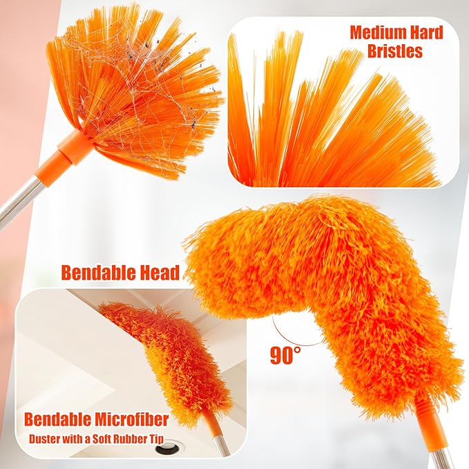 30 Feet High Reach Duster Kit with 2-24 ft Extension Pole High Ceiling Dusting and Window Cleaning Kit with Window Washer & Squeegee, Cobweb Duster, Washable Head for Ceiling Fan Blade