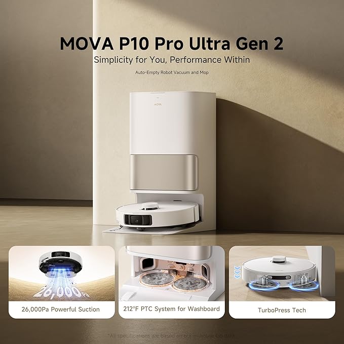 MOVA P10 Pro Ultra Gen2 Robot Vacuum and Mop, 26,000Pa Suaction, 212°F Hot Water Auto Mop Washing, 1-Hour Hot Air Drying, Extenable Mop, All-in-One Dock, Triple Anti-Tangle System for Home