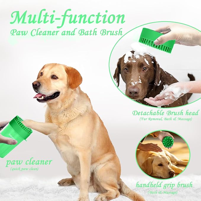 Dog Paw Cleaner Kit - Green, for L/XL Dogs, Quick Clean No Full Bath, 5-in-1 Bath Grooming Kit, Exclusive Cup-Mounted Brush Head, Grip Silicone Brush, 3 Absorbent Towels, Fits Lab