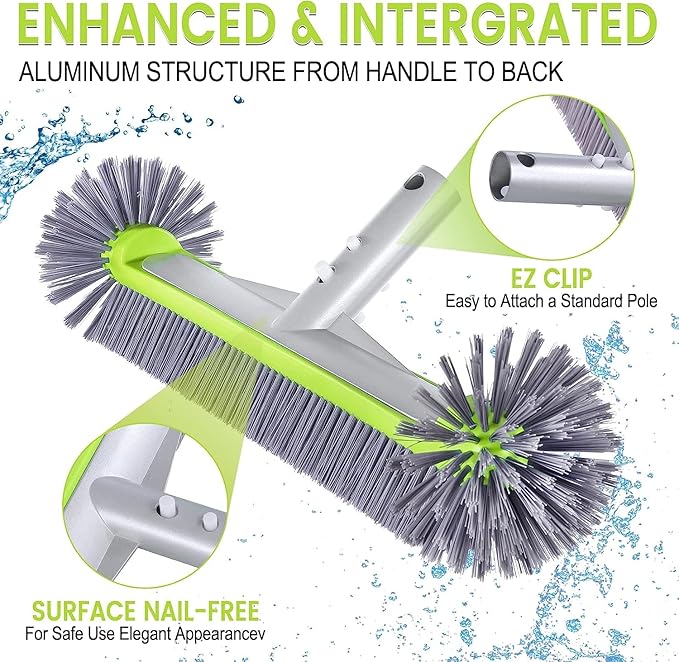 Professional Swimming Pool Brush Head with Round Ends,17.5" Heavy Duty Aluminum Back for Cleaning Pool Walls, 7 Rows Premium Nylon Bristles with EZ Clips (Green Grey)