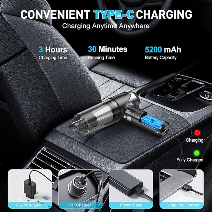 KMM Handheld Car Vacuum Cleaner, 16000PA Vacuum Cleaner & Air Duster, 120W High Power Vacuum Portable Cordless, Hand Held Vacuum Rechargeable with Multi-Nozzles & LED Light for Home, Car, Office