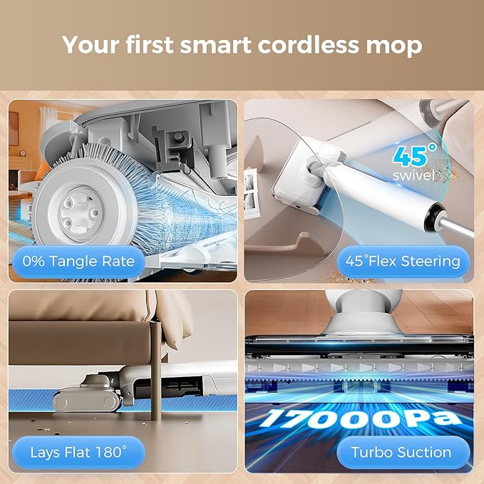 Wet Dry Vacuum Cleaner, 180°Lie-Flat Vacuum Mop All in One with Auto Self-Cleaning, Smart Floor Cleaner Machine for Hard Floor, 45 Mins Runtime, Edge Cleaning, Self-Propelled Vacuum Mop Combo