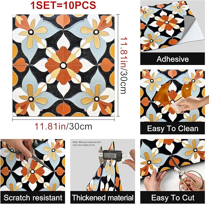 10PCS 12x12 Inch Retro Floral Pattern Peel and Stick Floor Tiles Removable Self Adhesive Vinyl Flooring Stickers for Kitchen Bathroom Living Room Entryway Home Decor