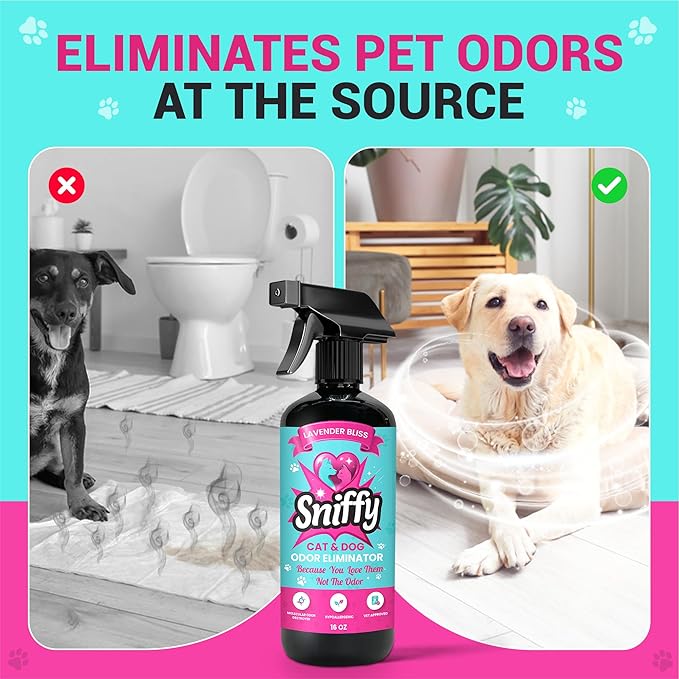 Sniffy Pet Odor Eliminator Spray – Lavender Enzymatic Cleaner for Dog & Cat Urine, Litter Boxes, Carpets & Furniture – Hypoallergenic, Fabric-Safe, Vet-Approved, 2×16 oz Twin Pack, Made in USA