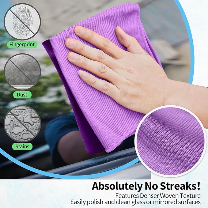 HOMERHYME Microfiber Cleaning Cloth - 6 Pack Glasses Cleaning Cloth, 16" x 14" Window Cleaning Rags, Streak Free Lint Free Polishing Cloths Wipes for Eye Glass, Stainless Steel, Windshield, Purple