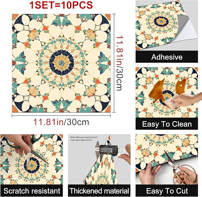 10PCS 12x12 Inch Moroccan Mosaic Peel and Stick Floor Tiles Removable Self Adhesive Vinyl Flooring Stickers for Bathroom Entryway Kitchen Home Decor