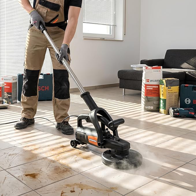 7 Inch Concrete Grinder Set with with Extendable Rod, 3800W Concrete Floor Polisher with Dust Extraction Shroud, 6 Gears, 6000RPM Concreter Surface Planner for Grinding Concrete Cement Marble