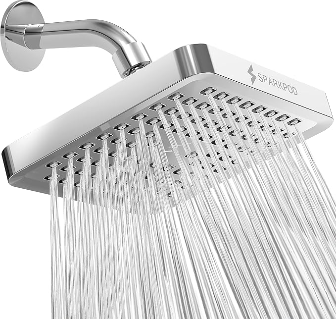 SparkPod Shower Head - High Pressure Rain - Premium Quality Luxury Design - 1-Min Install - Easy Clean Adjustable Replacement for Your Bathroom Shower Heads (Luxury Polished Chrome, 6 Inch Square)