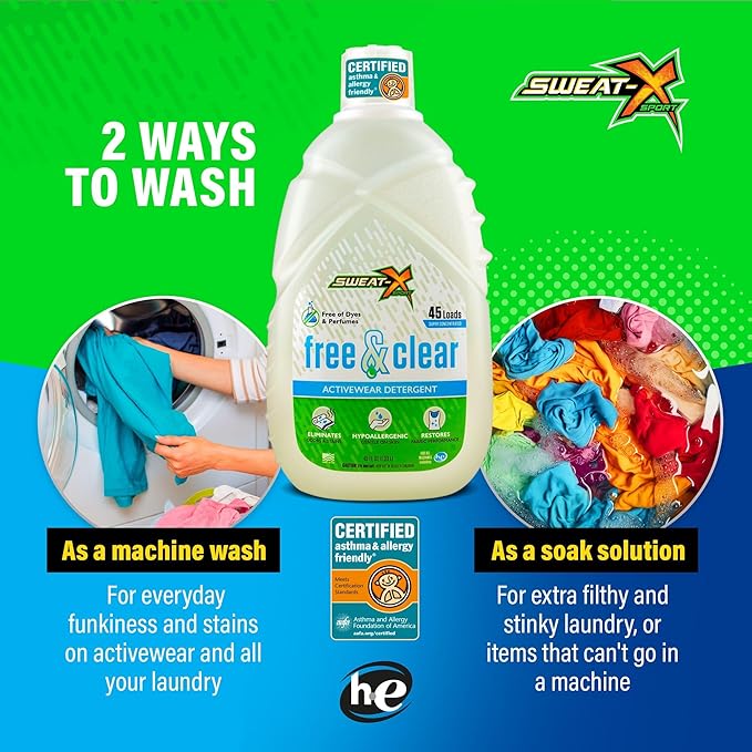 SWEAT X Free & Clear Laundry Detergent Liquid - Organic, Natural Non Toxic Laundry Detergent for Sensitive Skin - Gentle Washing Detergent for Activewear & Performance Fabrics - 45 Loads, 1 Bottle