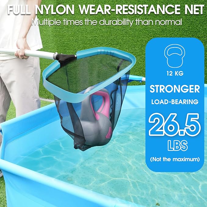 Self-Repair Heavy Duty Pool Net, Upgrade Reinforced Handle, Pool Cleaning Skimmer Net with Nylon Fine Mesh Net, Thick Aluminum Frame, Deep Trash Bag for Above Ground & Inground Pools