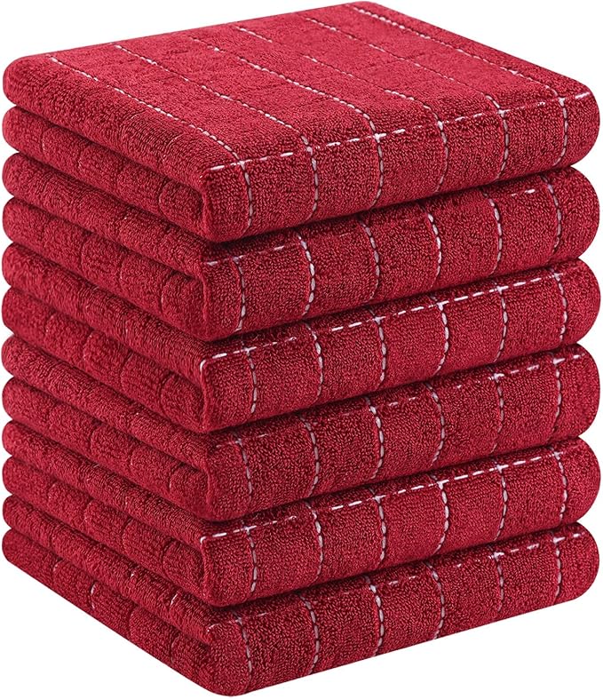 Homaxy 100% Cotton Terry Kitchen Towels(Brick Red, 13 x 28 inches), Checkered Designed, Soft and Super Absorbent Dish Towels, 6 Pack