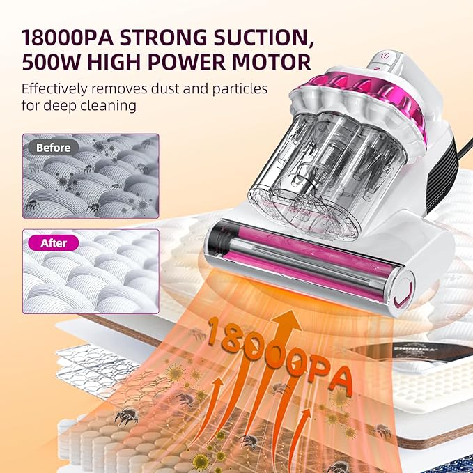 Mattress Vacuum Cleaner - 18Kpa Bed Vacuum with LED Display, 253.7nm UV-C Light, 149°F Heat Ultrasonic & Hepa Filter, Handheld Couch Cleaner with 3L Dust Cup for Pet Carpet Sofa Hair (Corded)
