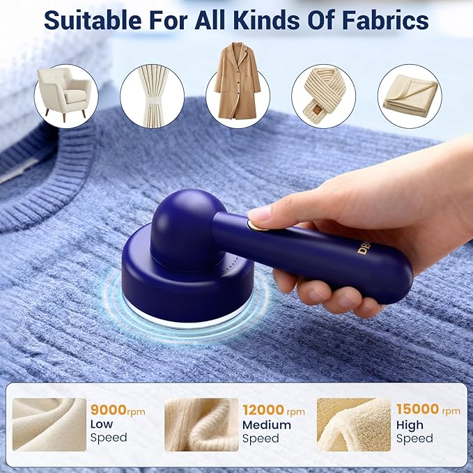 DBC Rechargeable Fabric Shaver and Lint Remover,2.7' Sweater Shaver with 3-Speeds and 6-Leaf Blades, 2hours runtime, 2 Replaceable Blades, Battery Operated,Remove Pilling, Furniture,Fuzz,Lint Ball