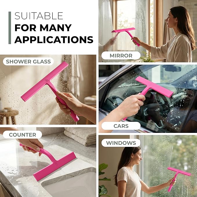 GÜTEWERK Shower Squeegee for Glass Doors, Silicone Window Squeegee, Bathroom and Glass Cleaning - Pink - 11 Inch