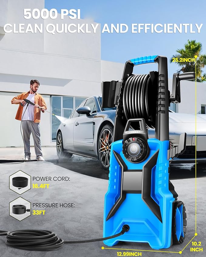 5000PSI Pressure Cleaner Adjustable Pressure,Power Cleaner with Foam Cannon,4 Nozzles,33FT Hose and 500ml Soap Bottle for Home/Cars/Driveways/Patios/Fences