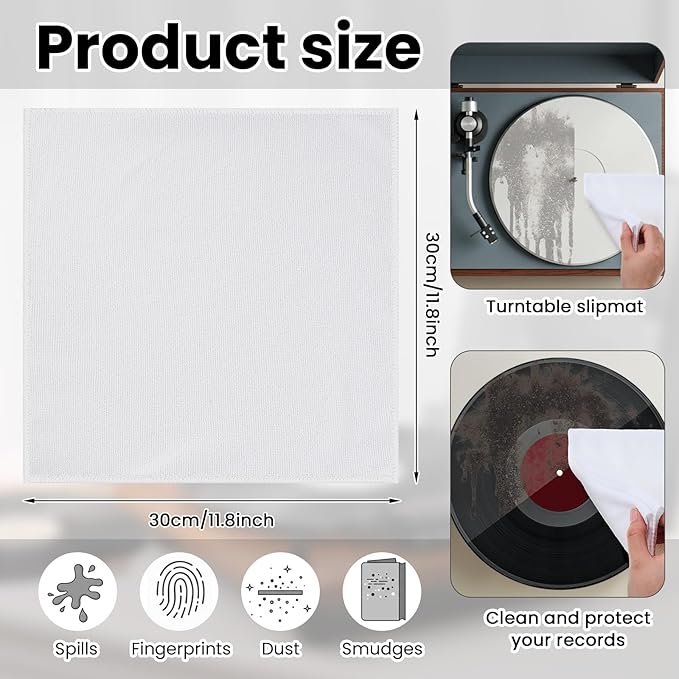 Honeydak 8 Pack Microfiber Record Cleaning Cloth, 12" x 12" Reuseable Anti Static Towels for Glasses, TV Screen, Laptop, Musical Instrument, Ultra Absorbent, Lint Free, Streak Free(White)