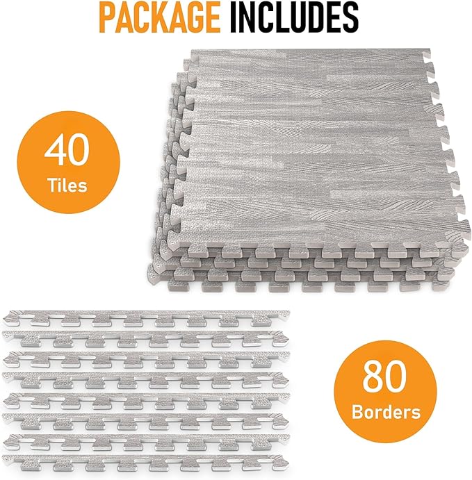 HomeCube USA 3/8 Inch Thick Interlocking Grey Wood Grain Foam Floor Tiles for Home, Office, Workout Equipment Space Commercial Areas Anti-Fatigue Flooring Padding 24x24 in, Grey, 160 Sq Ft-40 Tiles