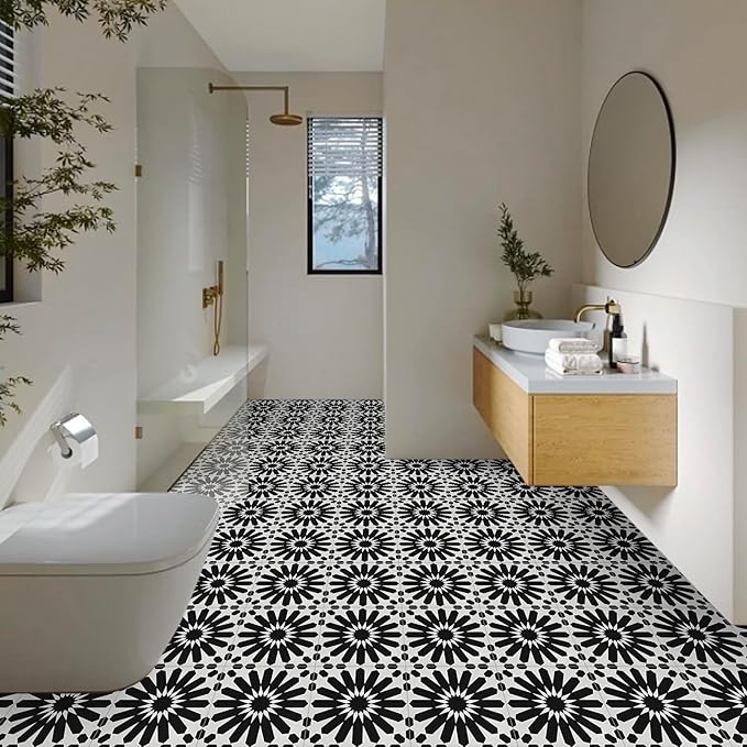 Elffloor Peel and Stick Floor Tile: 10pc 11.8 * 11.8in Self-Adhesive Waterproof Vinyl Flooring Black and White Tiles Sticker for Bathroom, Kitchen, Bedroom, Living Room