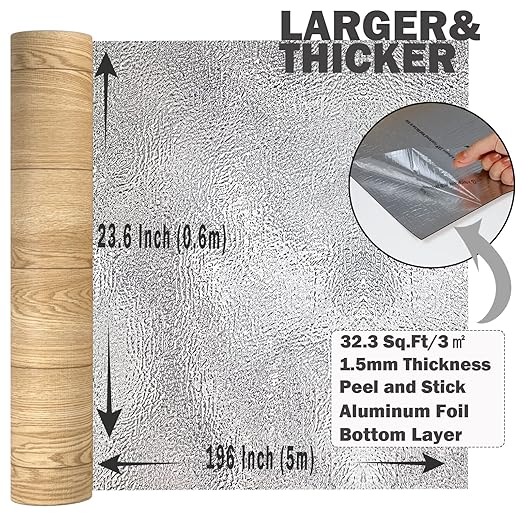 Oxdigi Peel and Stick Vinyl Flooring Roll 23"x 196"/32 Sq.Ft, Thicken Self Adhesive Vinyl Floor Tiles Wood Plank Flooring Waterproof Wear-Resistant for Any Room, Easy DIY Floor Coverings, Nature Wood