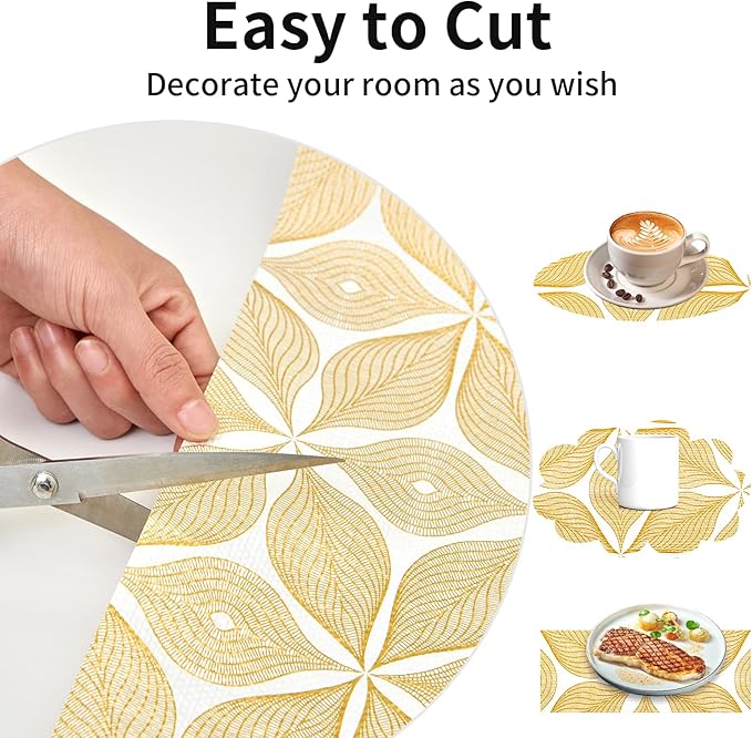Shelf Liners for Kitchen Cabinets 23.62in x 39.5FT, Non Adhesive Cabinet Liner Strong Non-Slip Golden Leaf Drawer Liner, Easy to Clean for Shelf, Cabinet with Knife and Tape Measure