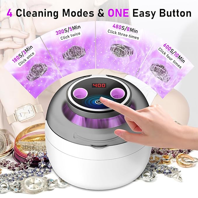 Ultrasonic Jewelry Cleaner | 45KHz Ultrasonic Cleaner Machine with 4 Modes & Digital Timer Display | Low-Noise 360° Cleaning for Makeup Brushes, Glasses, Necklaces, Rings | Stainless Steel Tank