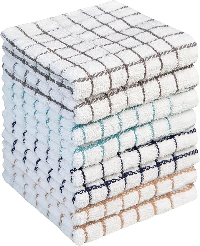 Premium Dish Towels (12”x 12”, 8 Pack) | Cotton Kitchen Hand Towels | Kitchen Towels | Highly Absorbent Tea Towels Set | Multicoloured - Checked